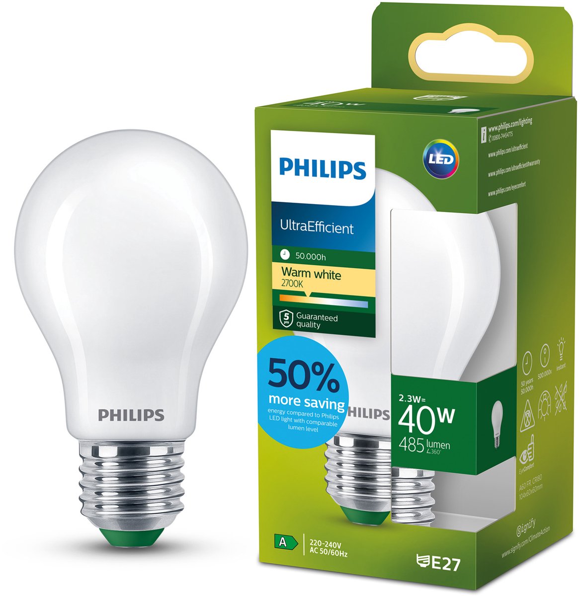 Philips led philips ultraefficient led lamp - mat - 40w - e27 fitting - warmwit licht: 2700k - bespaar op energiekosten