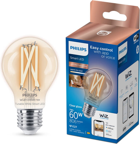 Philips smart lighting philips smart led lamp filament - slimme led-verlichting - warm- tot koelwit licht - e27 - 60w - transparant - wi-fi