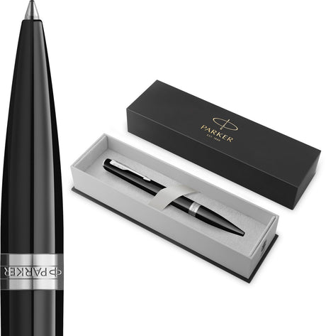 Parker meridian balpen | zwarte lak met chroomafwerkingen | middelgrote penpunt | handschriftpennen schrijfwaren | blauwe inkt | luxe cadeaudoos