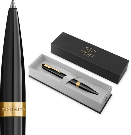 Parker meridian balpen | zwarte lak met gouden accenten | middelgrote penpunt | handschriftpennen schrijfwaren | blauwe inkt | luxe cadeaudoos