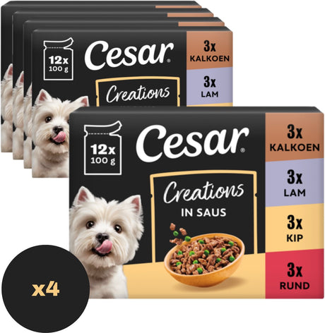 Cesar creations 4x 12x100 g adult maaltijdzakje met stukjes rund worteltjes in saus kip erwtjes lam groenten kalkoen worteltjes in tomatensaus