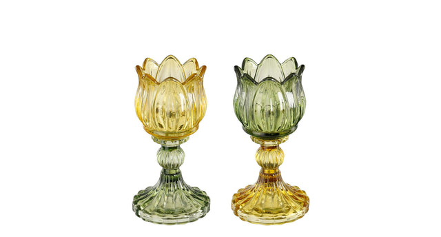 Theelicht houder tulp geel groen 2 assorti - h15xd8cm