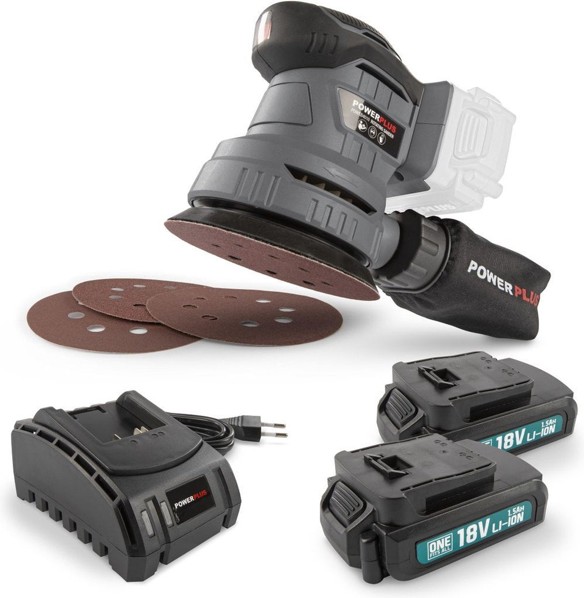 Powerplus powebess2 excentrische schuurmachine - 18v+2xbatt. 1.5ah+lad.