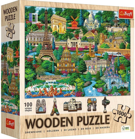 Trefl puzzels frankrijk - 1000 elementen, houtambacht, onregelmatige vormen, 100 franse symbolen en monumenten, moderne premium puzzel doe-het-zelf voor volwassenen en kinderen vanaf 12 jaar oud
