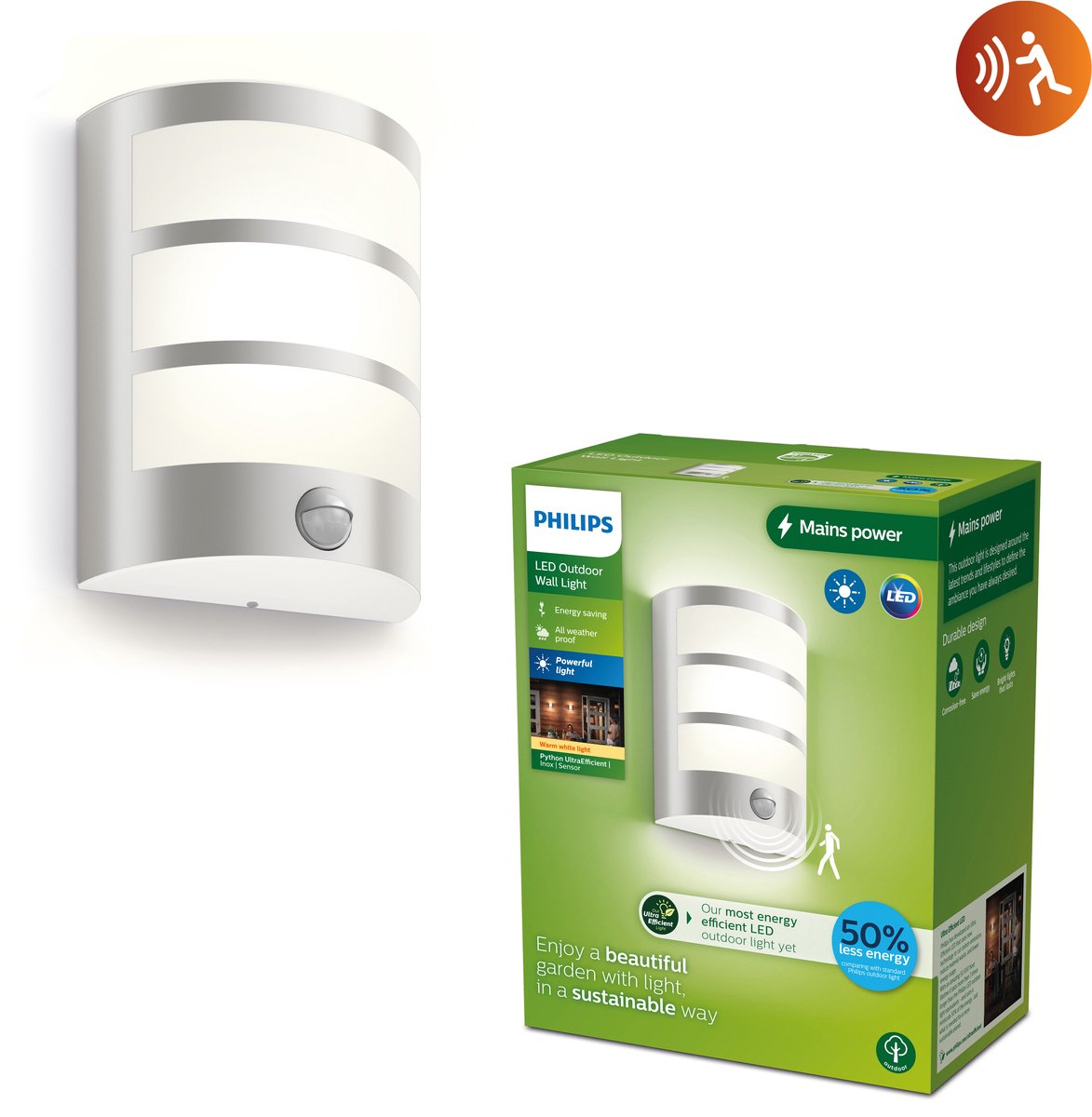 Philips led philips python wandlamp - ultra efficient - rvs - met sensor - 3,8w