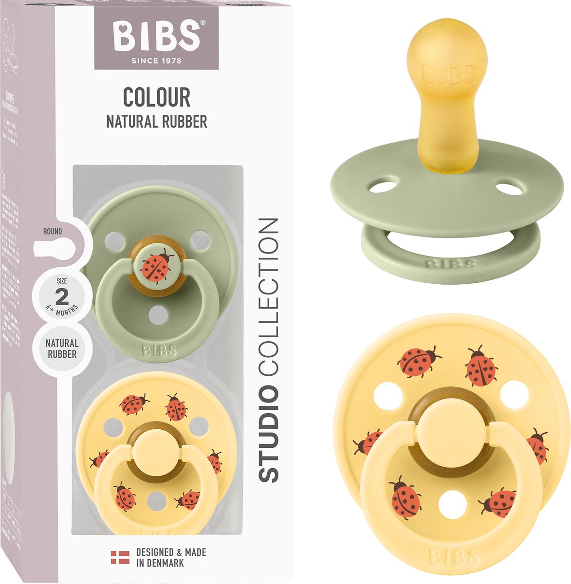 Bibs colour studio speen verpakking van 2 stuks. bpa-vrij, ronde speen. natuurlijk rubberlatex, gemaakt in denemarken, maat 2 (6-18 maanden), sage pale butter