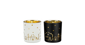 Theelicht houder huis wit zwart 2 assorti - h8xd7cm