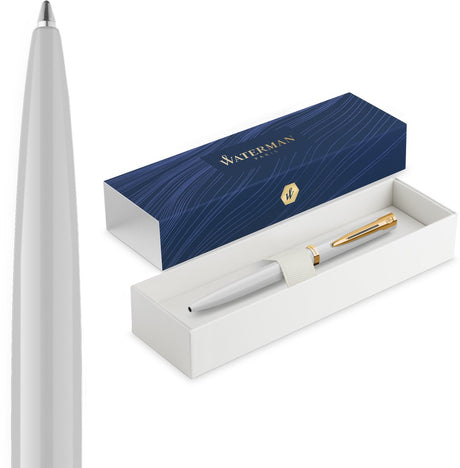 Waterman impression balpen | medium punt met blauwe inktvulling | witte lak met goudkleurige afwerking | geschenkdoos