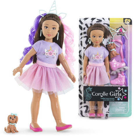 Corolle modepop luna eenhoorn met accessoires en hond - 28 cm.