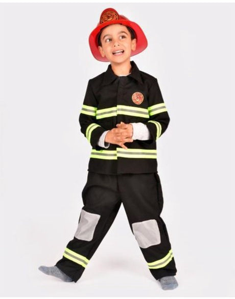 Den goda fen verkleedkledij brandweerman - kostuum bestaande uit jas, broek, helm en bivakmuts - 110-116cm - 4-6 jaar - zwart 110 116