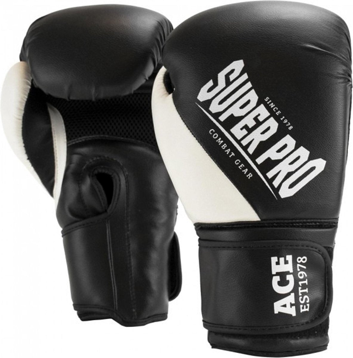 Super pro combat gear ace (kick)bokshandschoenen zwart wit 8oz