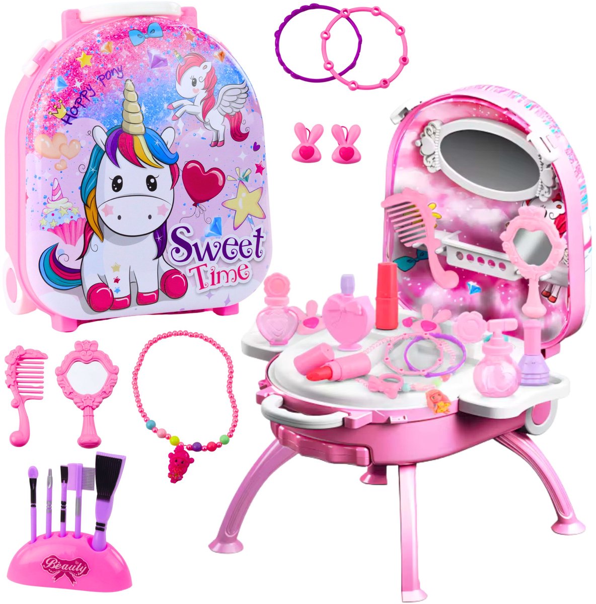 Lean toys kaptafel 2-in-1 unicorn - opbergkoffer met spiegel en accessoires - make-up tafel voor meisjes - beauty set met handvat en wieltjes - schminktafel - portable beauty tafel