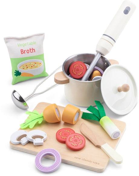 Woet ® houten speelgoed soep set - 'maak je eigen soep' speelgoedset - inclusief groenten, snijplank, pan pollepel - speelgoedeten - rollenspel keukenset - vanaf 2 jaar