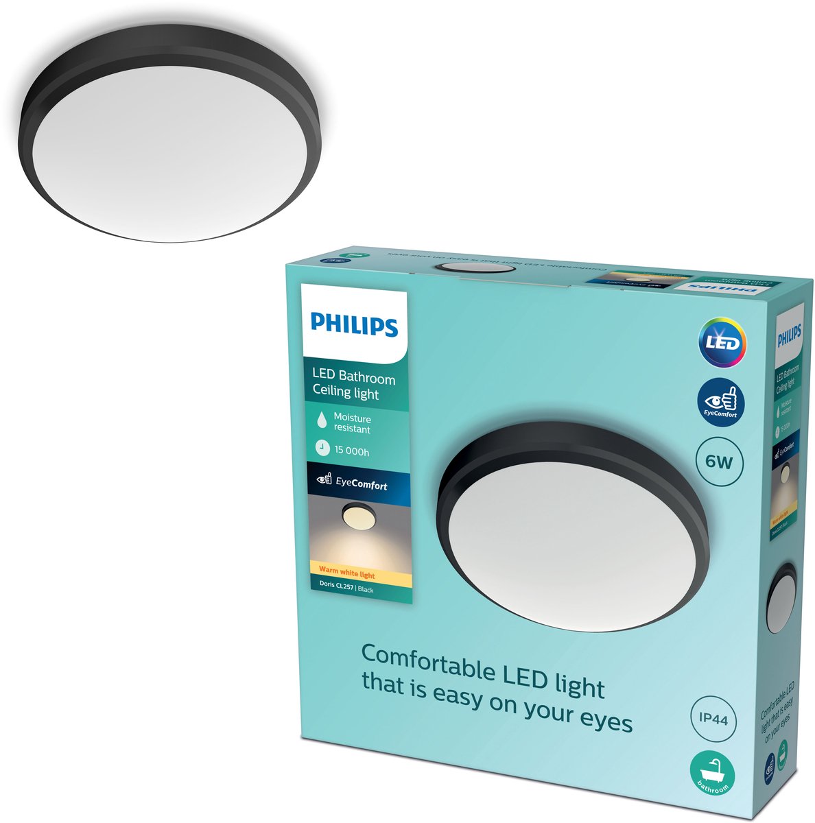 Philips led philips doris badkamer plafondlamp - zwart - klein - 6 w