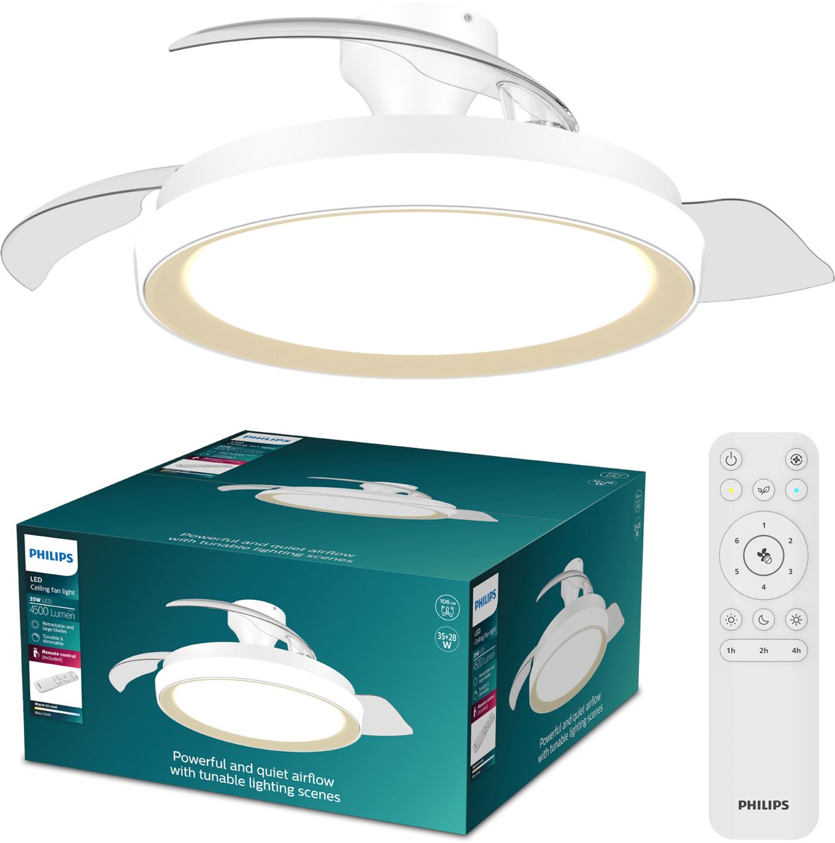 Philips led philips bliss plafondventilator met ingebouwde led-lamp - 3 intrekbare bladen, diameter: 106cm - 4500 lumen - instelbaar wit licht van 2700k tot 6500k - dimbaar tot 5% - afstandsbediening - wit met goud