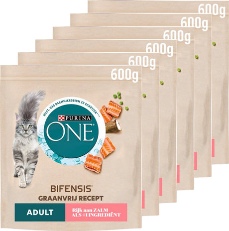 Purina one graanvrij adult - kattenbrokjes - zalm - 6 x 600 g