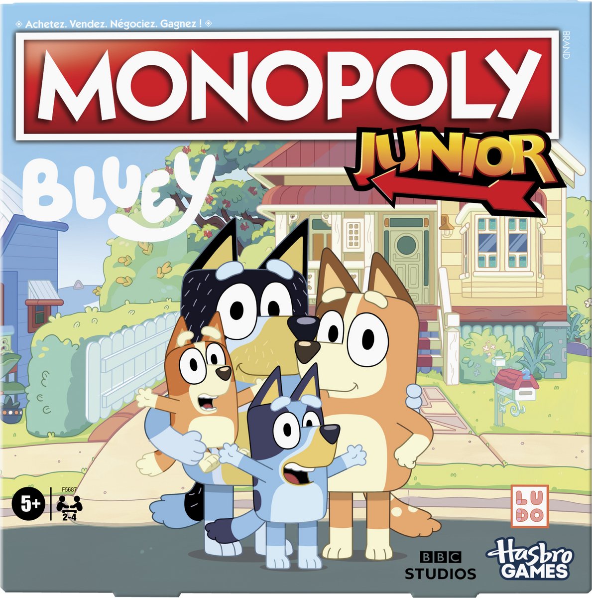 Monopoly junior: bluey-editie, bordspel voor kinderen vanaf 5 jaar franse editie