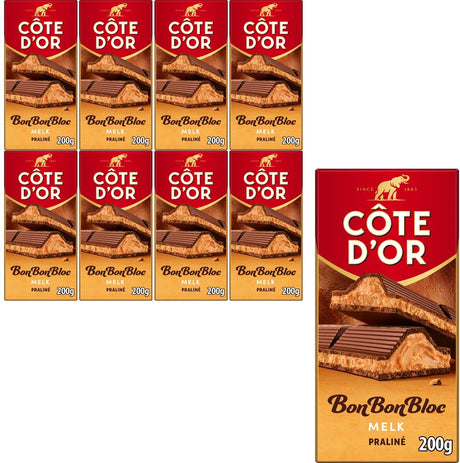 Côte d'or bonbonbloc chocoladereep melk praliné 8 x 200g - chocolade tabletten - cadeau vrouwen of mannen verjaardag - voorraad