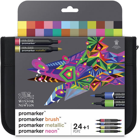 Winsor newton 0290037 mixed marker set 24 in wallet | promarker, brush, metallic neon