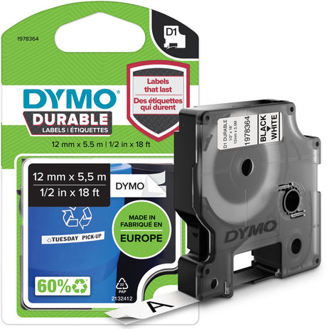 Labeltape dymo d1 durable vinyl 12 mm x 5,5 m zwart op wit