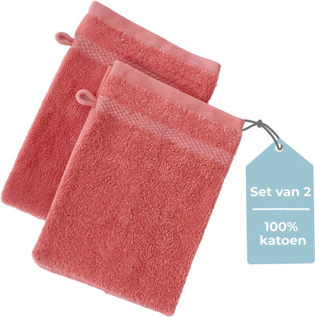 Hush. living hush living - washand - 100% katoen - set van 2 - zware kwaliteit 500g m2 - stijlvol boord en ophanglus- 16x22cm - koraal