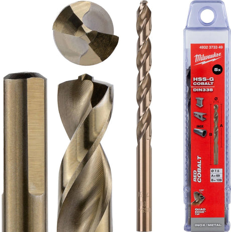 Milwaukee metaalboren hss-ground cobalt - din 338 - 5 en 10 stuks hssgc 7,5 x 109-5 stuks - 4932373349