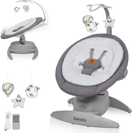 Lionelo mell wipstoel – afstandsbediening bluetooth – elektrische babyschommel – 360° draaibaar – 5 snelheden – 3 rugstanden – bewegingssensor – timer – 14 melodieën – speelboog – bamboekussen – wasbare bekleding – baby schommelstoel