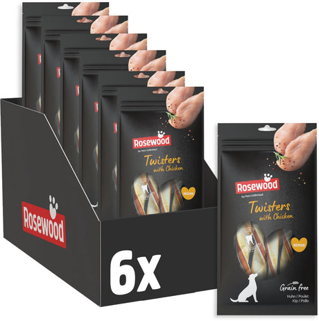 Rosewood twisters medium hondensnack kip 6 x 80 g - kauwstaven runderhuid - graanvrij