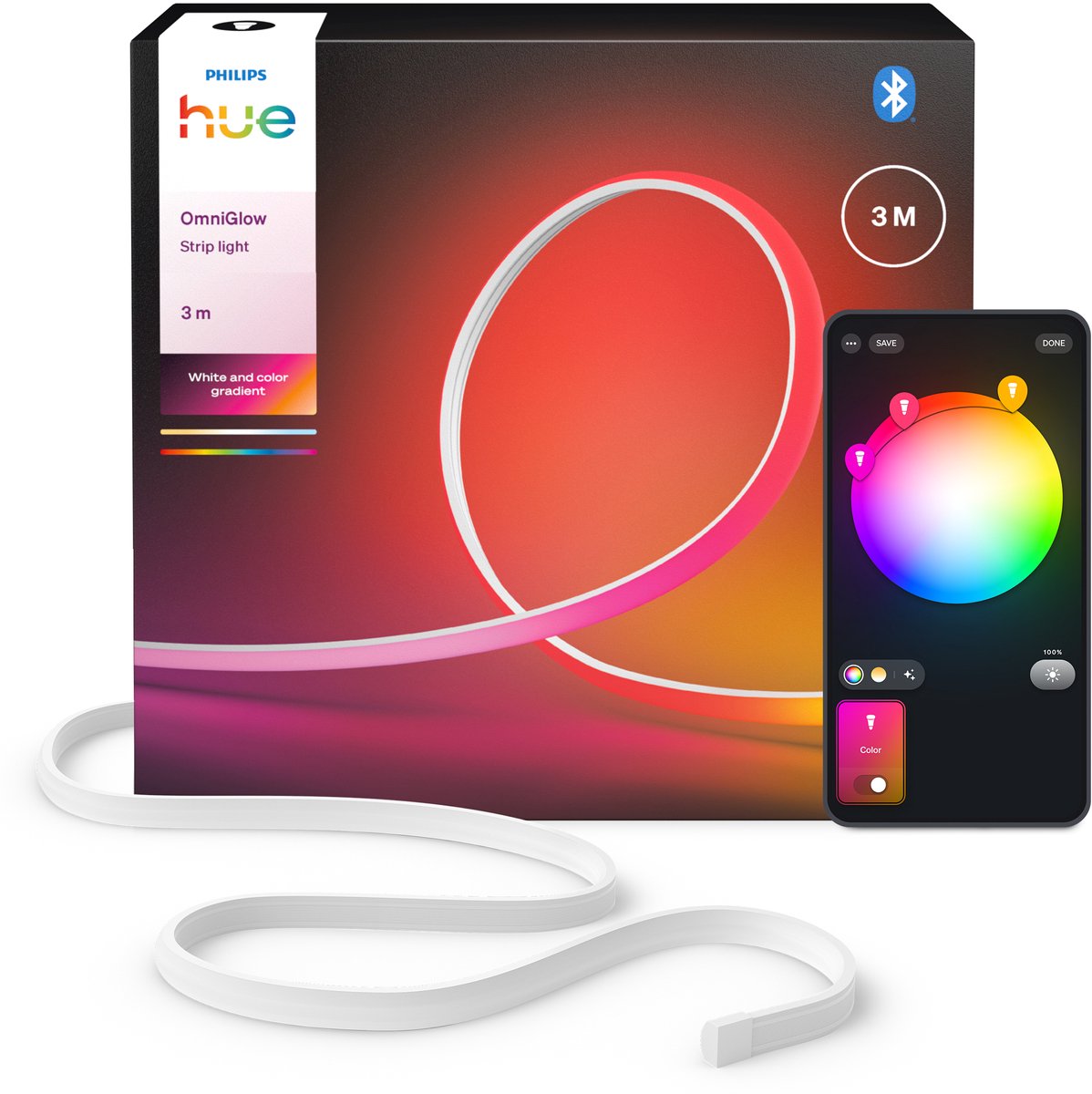 Philips hue omniglow led strip 3 m, omniglow, gelijkmatig licht en kleurovergangen, ultrahelder, echt wit licht 2700 lumen