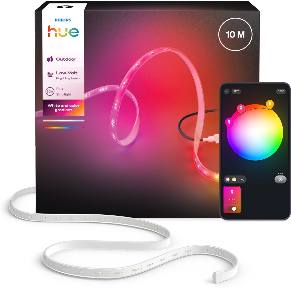 Philips hue flux led strip voor buiten 10 m, nauwkeurige kleurovergangen van chromasync™ helder, echt wit licht 3000 lumen