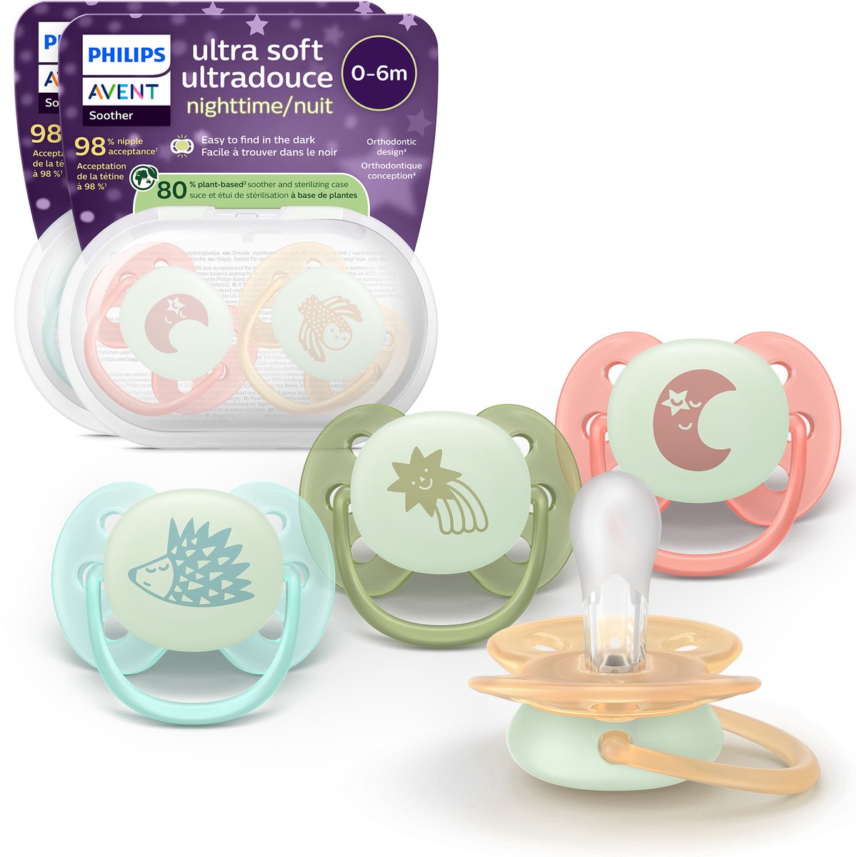 Philips avent ultra soft nighttime - 0 tot 6 maanden - glow-in-the-dark fopspeen - 4pack- scf094 07