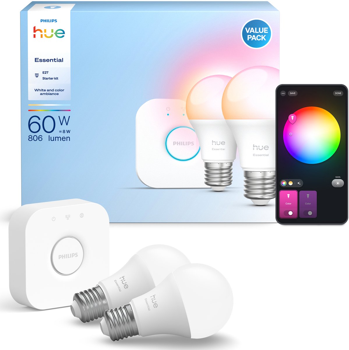 Philips hue essential starterkit - wit en gekleurd licht - 1 bridge - 2 lampen a60