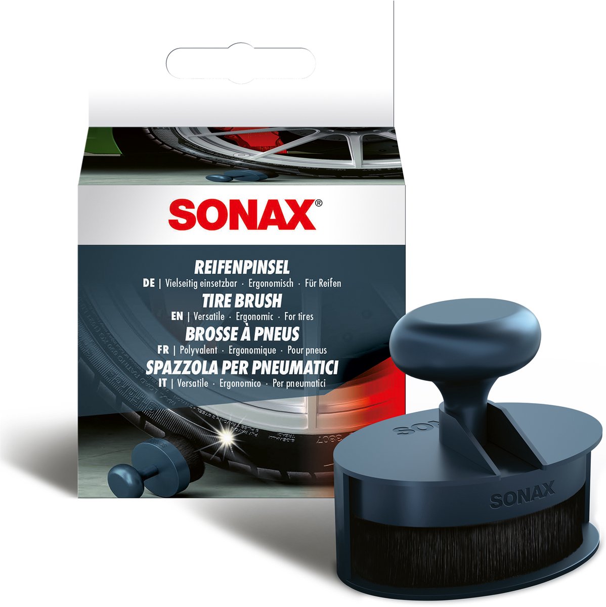 Sonax bandenkwast - voor nauwkeurig aanbrengen en verdelen - vlekvrije afwerking - in praktische opbergdoos