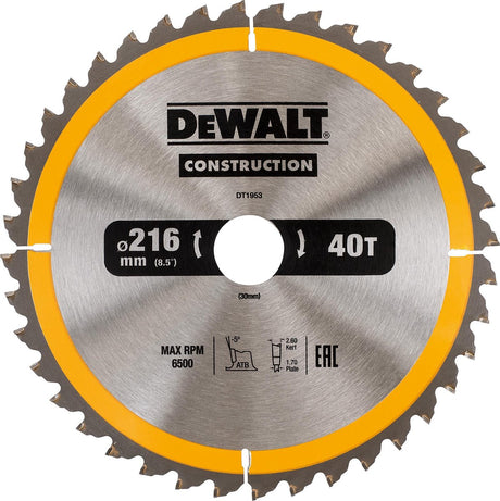 Dewalt dt1953-qz serie - cirkelzaagblad - 216mm - 40 tanden - voor hout en composiet