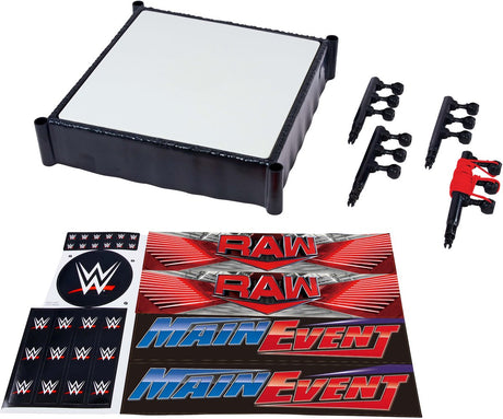 Mattel wwe supersterrenring met labels voor hoofdevenement en raw - verende ringmat en pro tension elastische ringtouwen