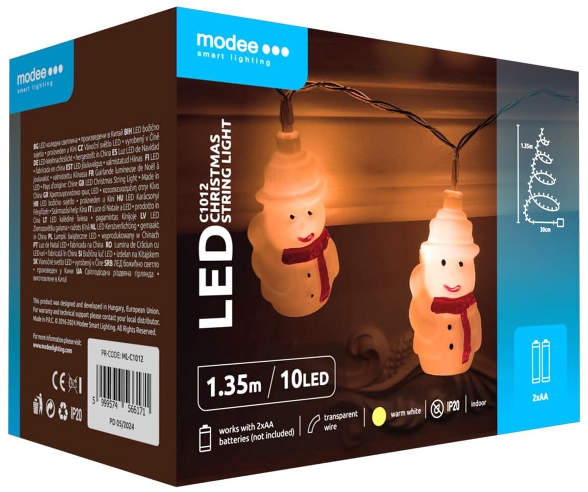 Modee lichtsnoer kerst sneeuwmannen 1.35 meter - kerstverlichting voor binnen - inclusief 2xaa batterijen - 10 led lampjes ip20 - 2700k - warm wit licht - per stuk