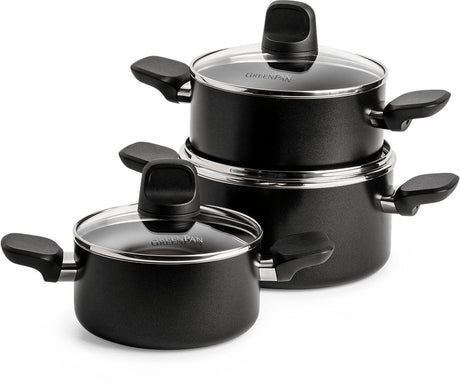 Greenpan memphis pannenset 6-delig - 16 18 20cm - 1.6 2.1 3.1l - pfas-vrije antikleeflaag - pannenset inductie - keramische pan - ovenbestendig tot 160°c - koudgrepen - met glazen deksel - zwart