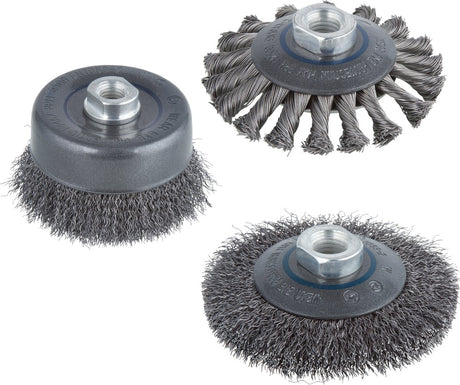 Wolfcraft - boormachine staaldraad borstelset ø 100 mm - staalborstel m14 voor metaal - 3 delig - 2156000