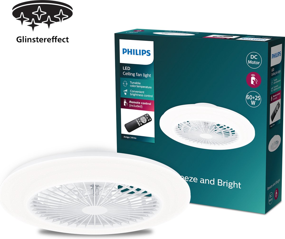 Philips led philips amigo ventilator - energiezuinige led verlichting - plafondlamp - instelbare kleurtemperatuur - 57,5 cm diameter -afstandsbediening - wit met glinstereffect