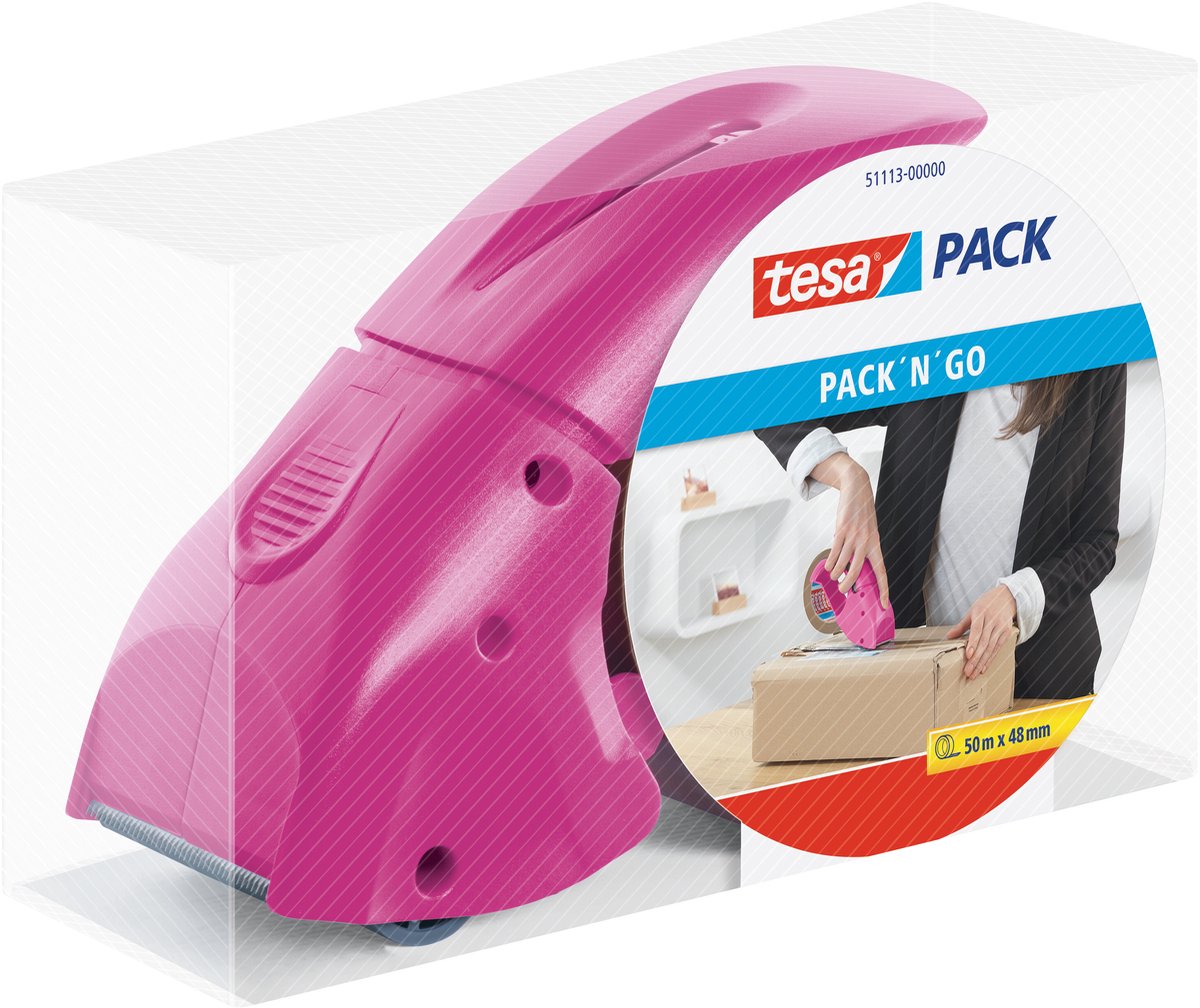 Tesa pack dispenser pack' n' go - ergonomische roze handdispenser - inclusief 50 m x 48 mm plakband