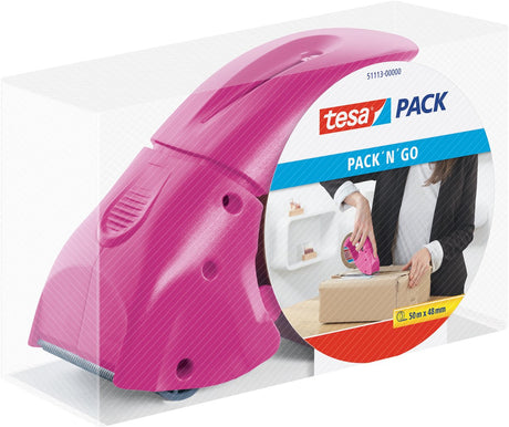 Tesa pack dispenser pack' n' go - ergonomische roze handdispenser - inclusief 50 m x 48 mm plakband