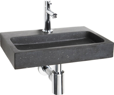 Differnz flat small fonteinset - natuursteen wasbak - inclusief koudwaterkraan, afvoerplug en sifon - kraan recht uitgevoerd in chroom - afmetingen 38 x 24 x 7 cm - kleur zwart