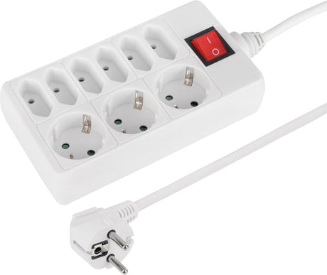 Q-link stekkerdoos met 9 aansluitingen - 3 x randaarde en 6 x euro stekker - voorzien van aan uit schakelaar - maximaal vermogen 3680w - kabel van 1.5 meter (3 x 1.5 mm²) - kleur wit