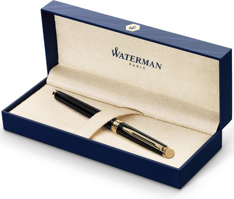 Waterman h misph re vulpen - matzwart 23k gouden rand - fijne penpunt - blauwe inkt - met geschenkdoos