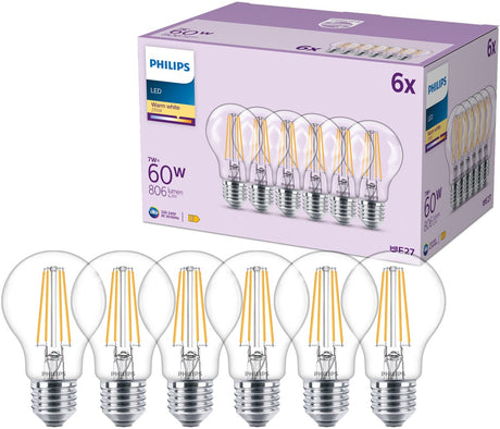 Philips led lamp transparant - 60w - e27 fitting - warmwit licht; 2700k - 6-pack