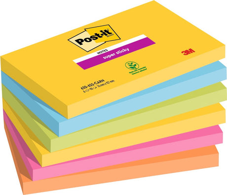 Post-it â® super sticky notes, kleurenset rio, neon geel, mediterraan blauw, neon groen, fuchsia, neon oranje , 76mm x 127 mm, 6 blokken
