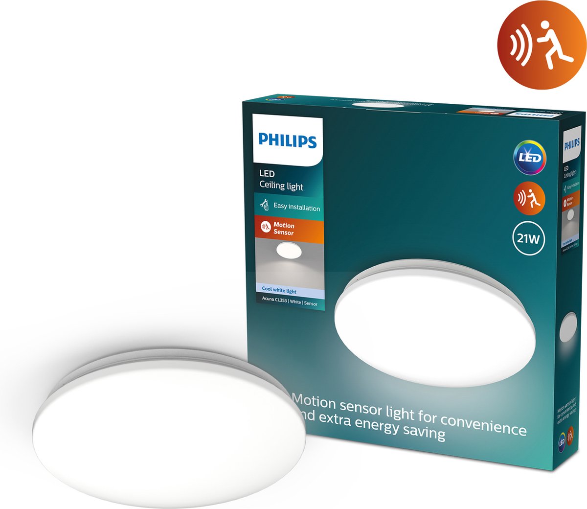 Philips led philips acuna plafondlamp - 21w - helderwit licht - ingebouwde bewegingssensor