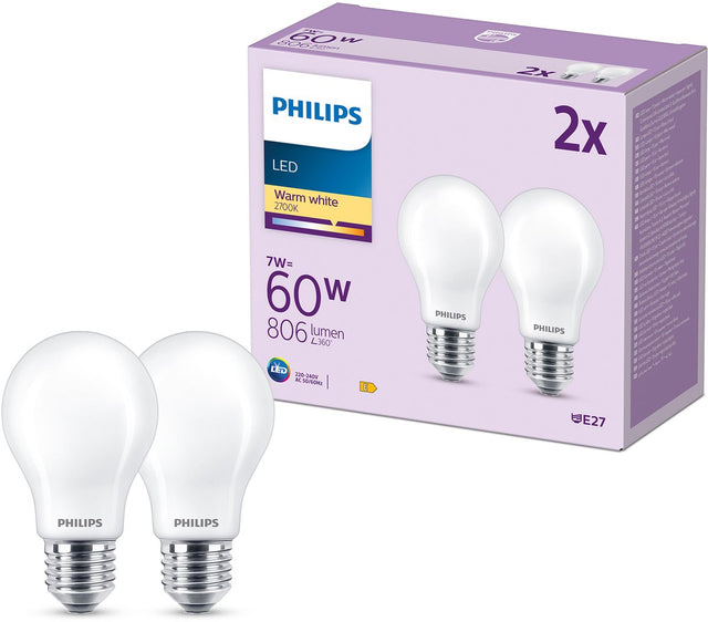 Philips led lamp mat - 60 w - e27 - warmwit licht - 2 stuks