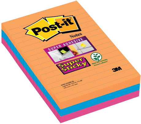Post-it â® super sticky notes, kleurenset bangkok , neon oranje, neon roze, electric blauw, gelijnd , 101mm x 152mm, 90 blaadjes, 3 blokken