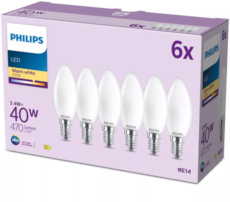 Philips led philips filamentkaarslamp mat 40w b35 e14 x6